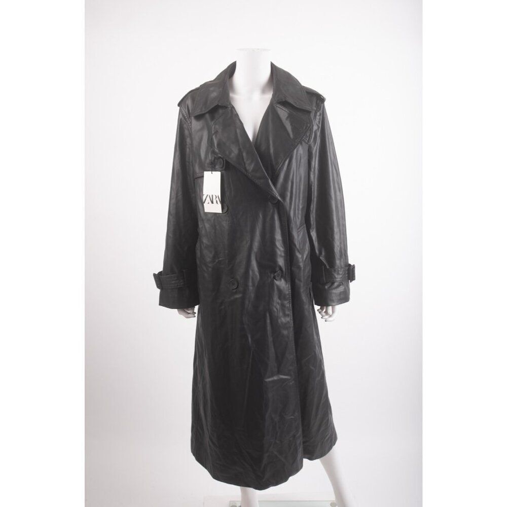 Zara Womans Longline Trench Coat Size L Black Faux Leather Belted 4369/241 NWD